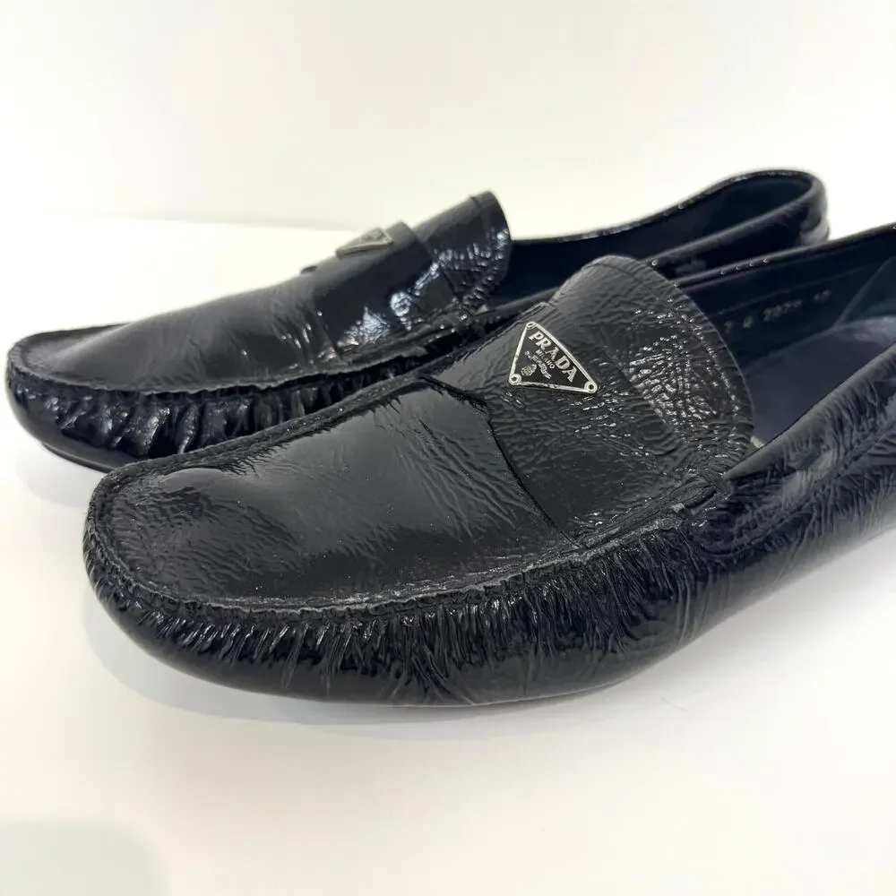 PRADA Black Patent Leather Silver Triangle Logo Driving Loafer 10 Moccasin Shoes